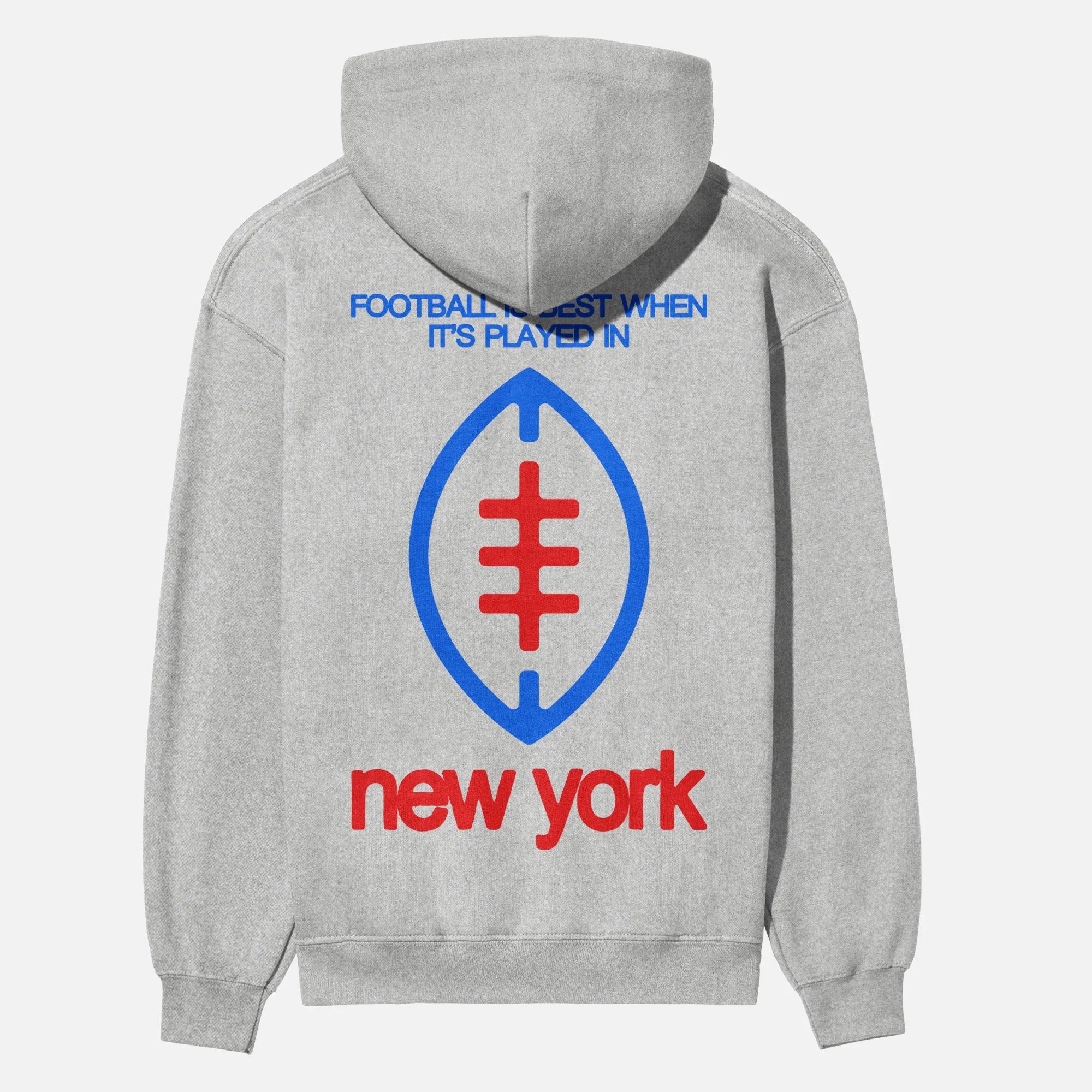 Heavyweight grey, red, and blue New York Giants streetwear style football hoodie with oversized full back print on a unisex hooded sweatshirt for men and women 
