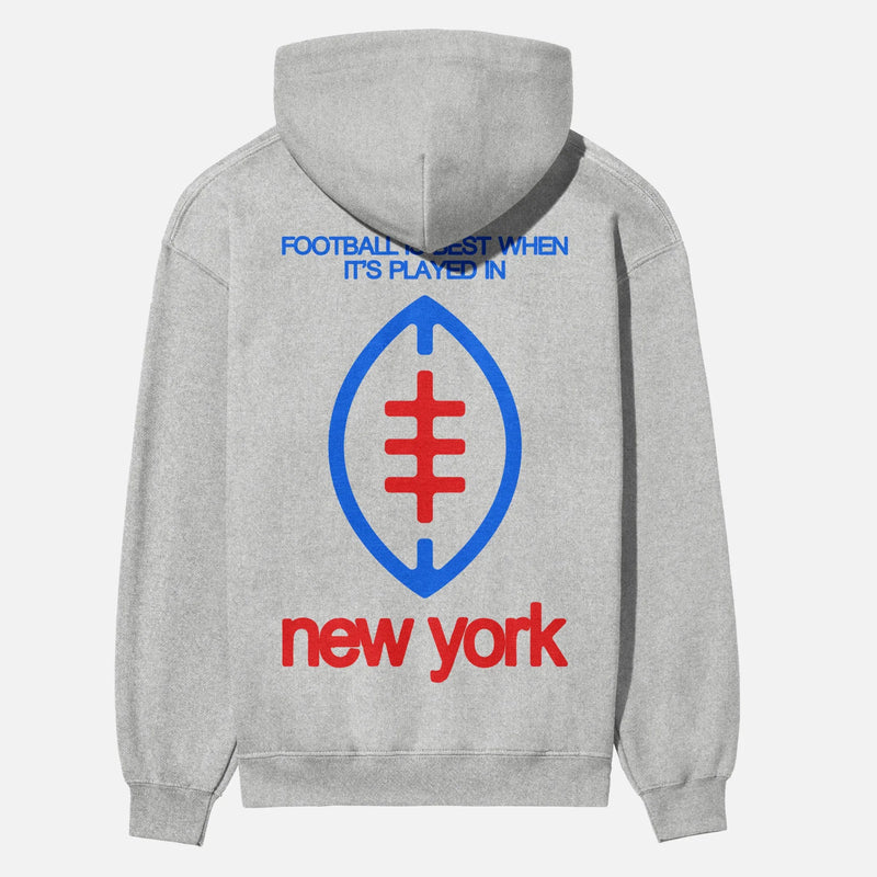 Heavyweight grey, red, and blue New York Giants streetwear style football hoodie with oversized full back print on a unisex hooded sweatshirt for men and women 