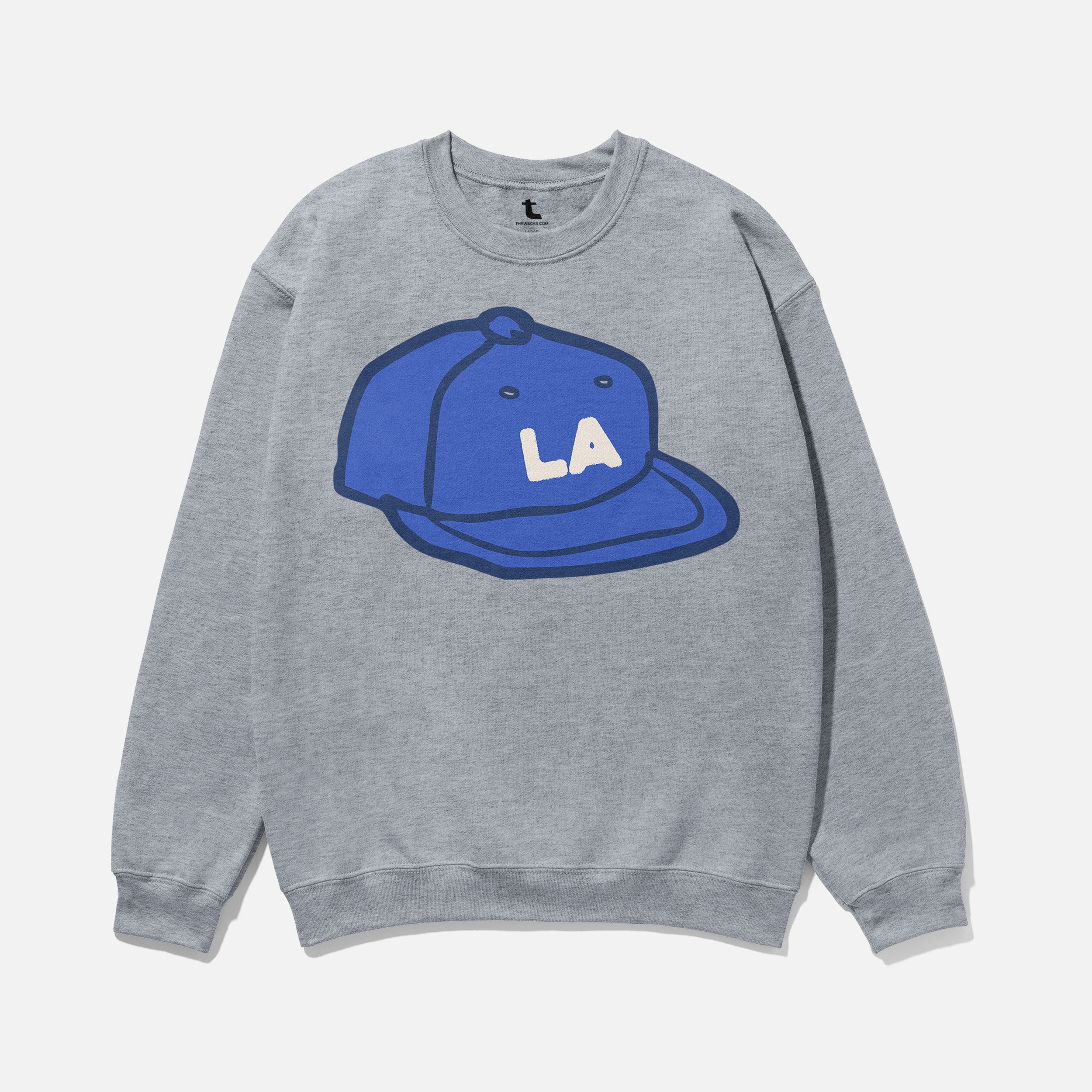 LA Dodgers streetwear style sweatshirt with custom royal blue Los Angeles baseball hat illustration on a grey crewneck for men and women
