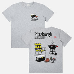 Funny vintage  grey Pittsburgh Steelers NFL football tailgate t-shirt with retro beer and bbq pit