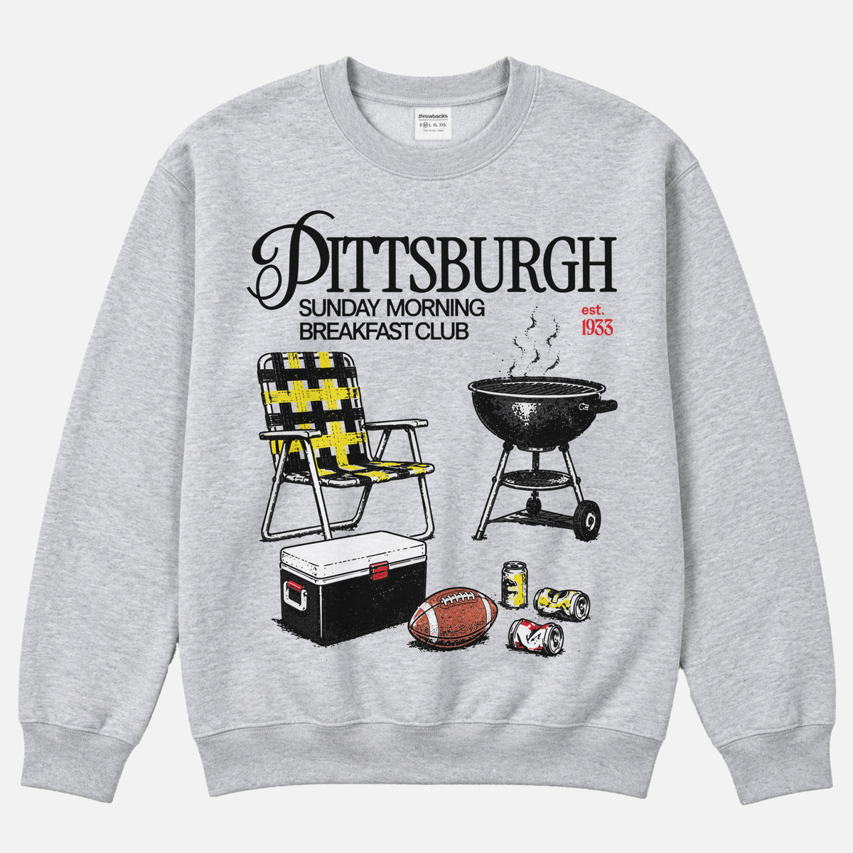 Funny Pittsburgh Steelers football tailgating crewneck sweatshirt with beer and bbq pit and sunday morning breakfast club