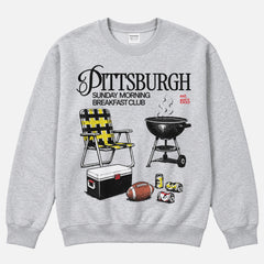 Funny Pittsburgh Steelers football tailgating crewneck sweatshirt with beer and bbq pit and sunday morning breakfast club