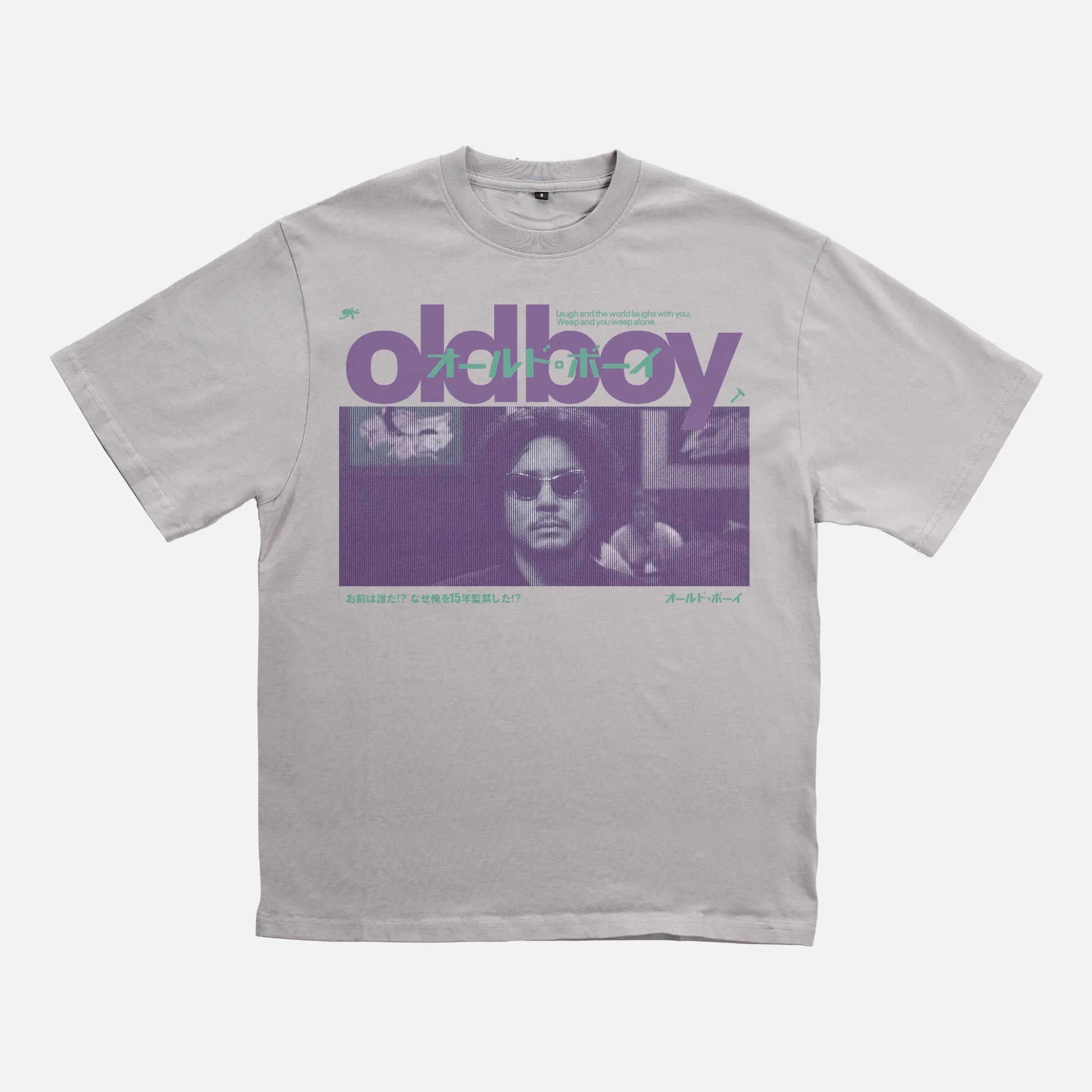 Oldboy 2003 Movie t-shirt, y2K style korean movie grey purple and teal graphic tee 