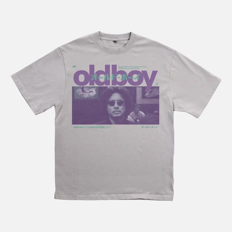 Oldboy 2003 Movie t-shirt, y2K style korean movie grey purple and teal graphic tee 
