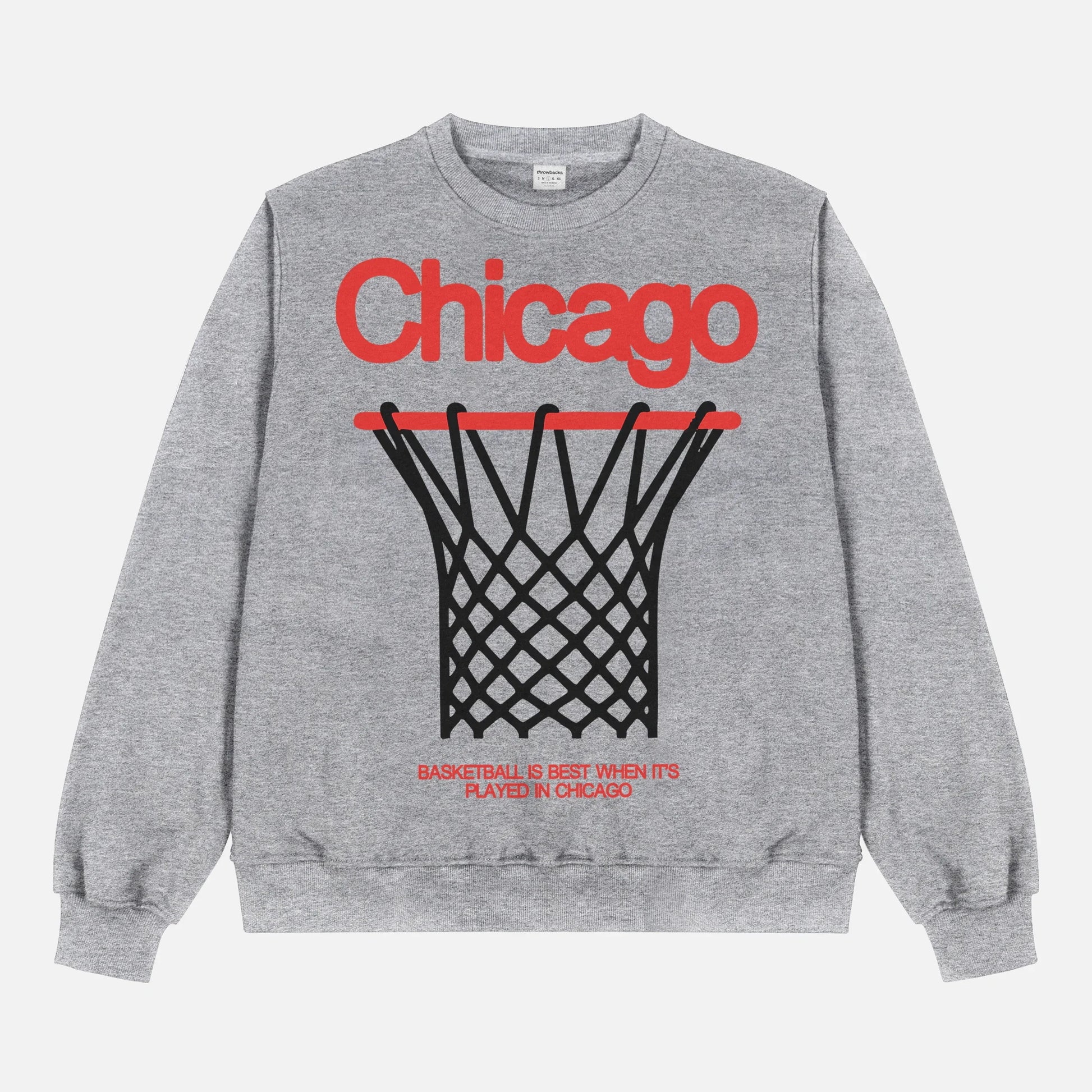 Grey Chicago Bulls streetwear sweatshirt with large oversized red and black basketball hoop graphic on a premium heavyweight unisex crewneck for sale at Throwbacks