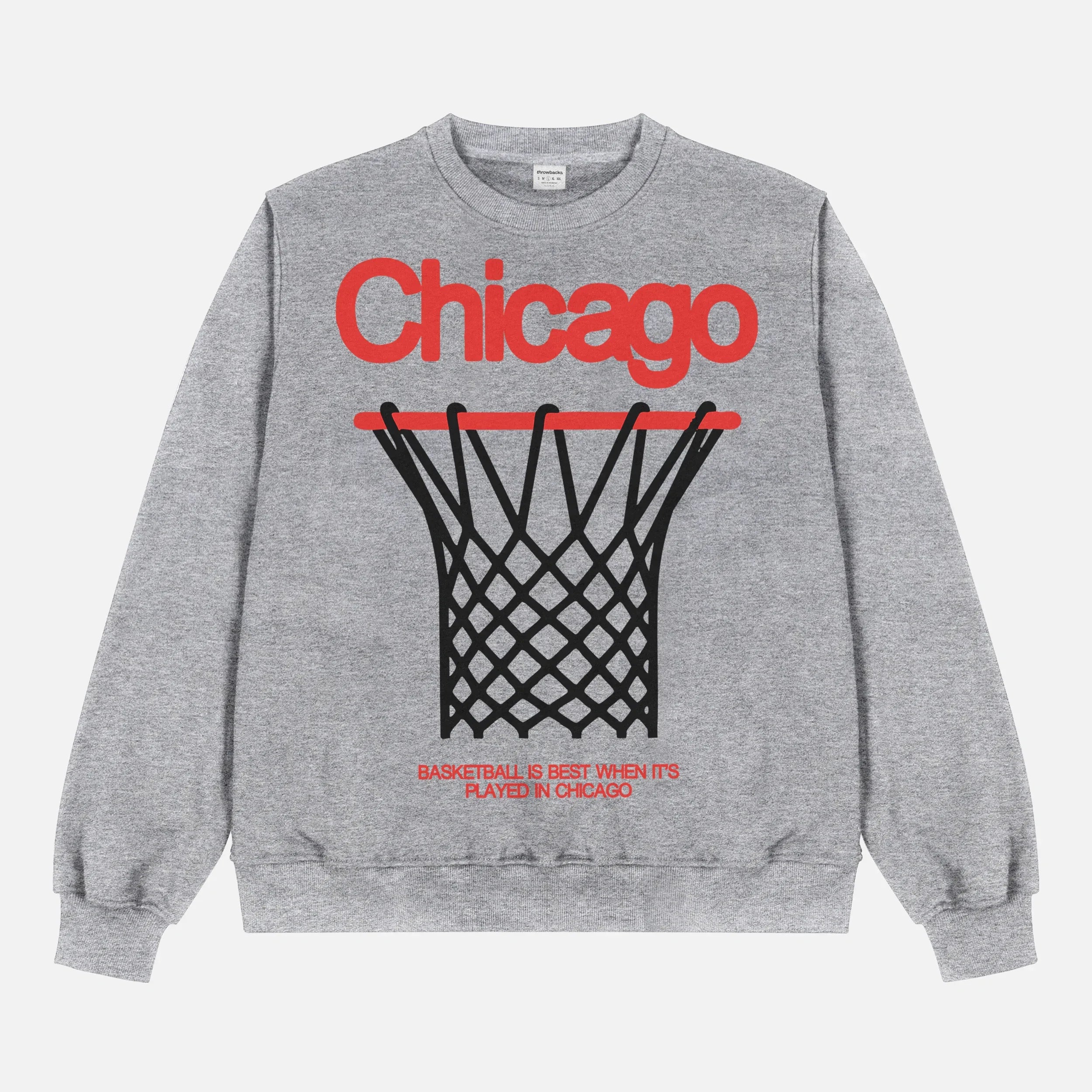 Grey Chicago Bulls streetwear sweatshirt with large oversized red and black basketball hoop graphic on a premium heavyweight unisex crewneck for sale at Throwbacks