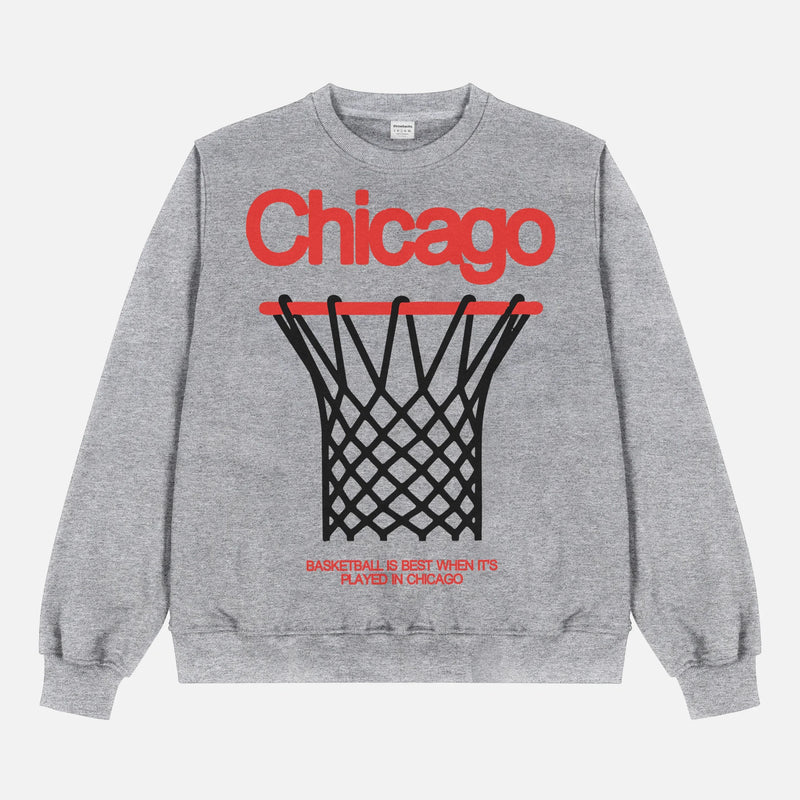 Grey Chicago Bulls streetwear sweatshirt with large oversized red and black basketball hoop graphic on a premium heavyweight unisex crewneck for sale at Throwbacks