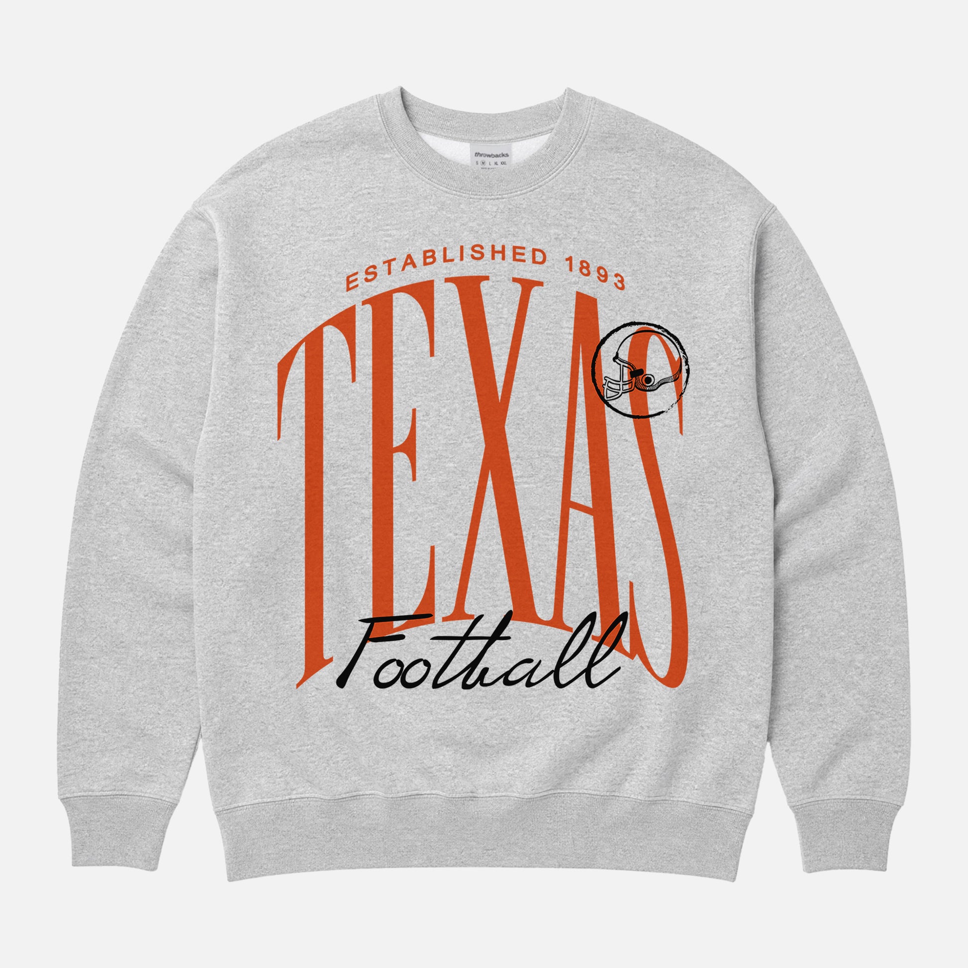 Cute grey Texas Longhorns college football sweatshirt with oversized orange print on unisex crewneck
