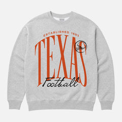 Cute grey Texas Longhorns college football sweatshirt with oversized orange print on unisex crewneck