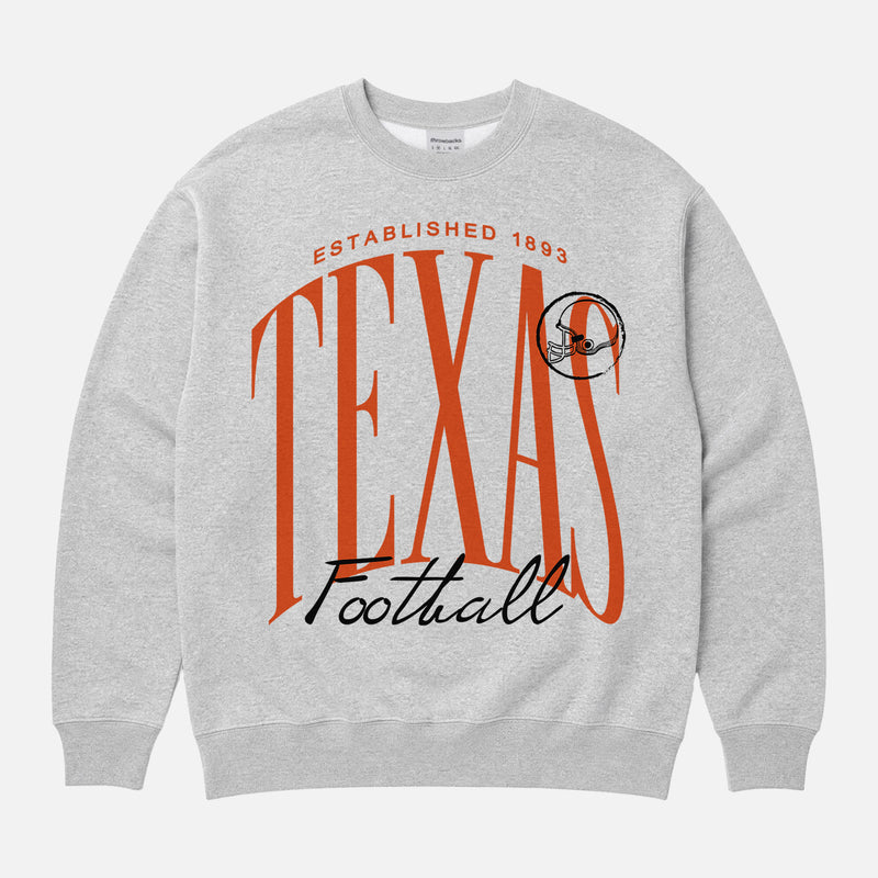 Cute grey Texas Longhorns college football sweatshirt with oversized orange print on unisex crewneck