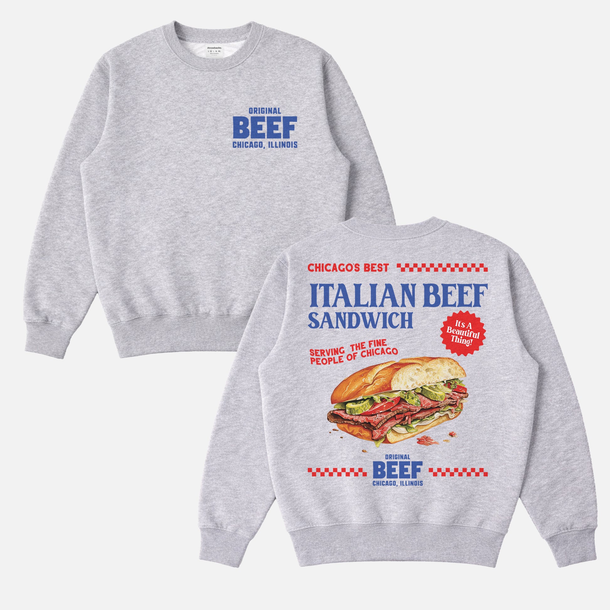The Bear TV Show sweatshirt with The Original Beef of Chicagoland logo on the front and an oversized retro Italian beef sandwich ad graphic on the back of a grey unisex sweater for sale at Throwbacks