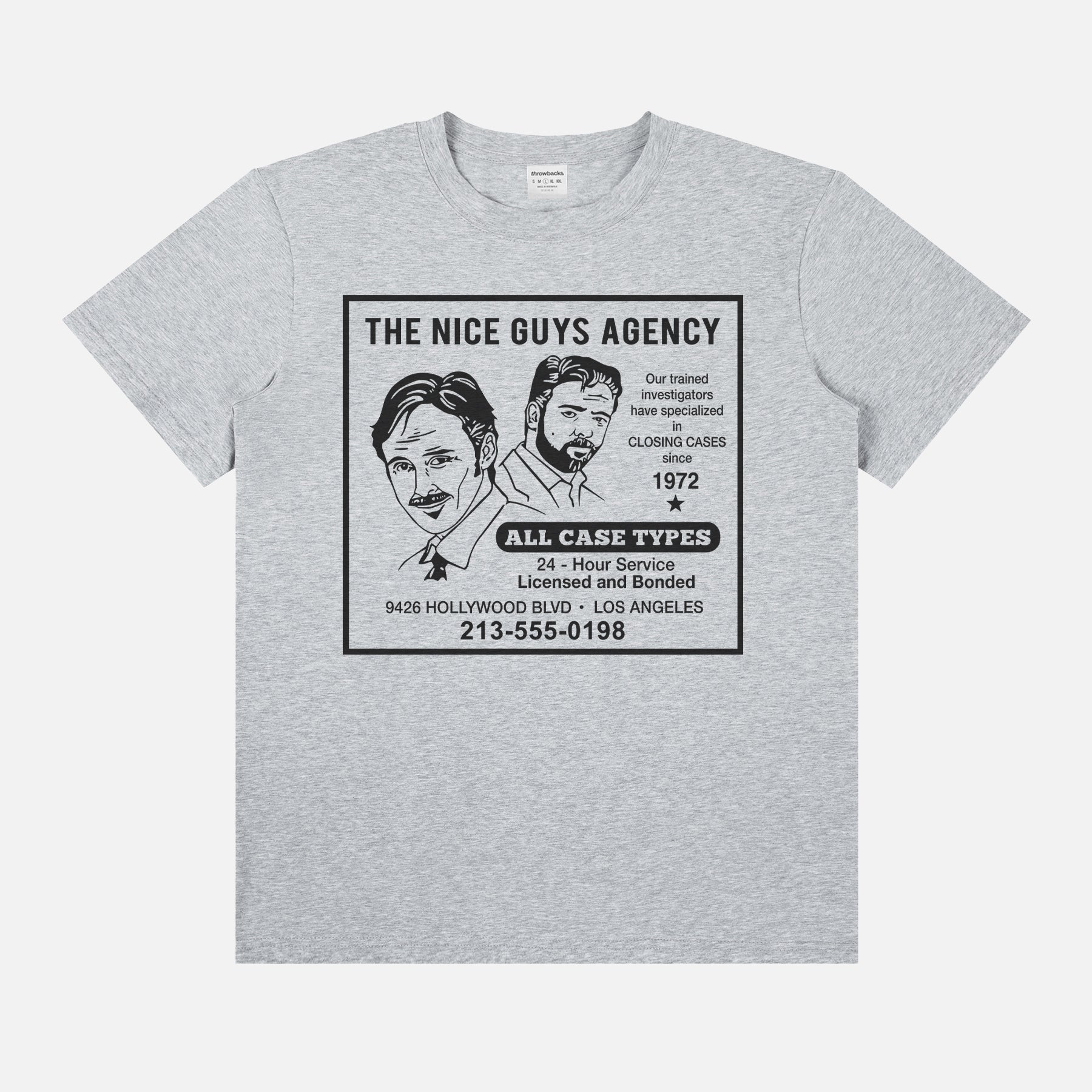 Funny grey The Nice Guys Movie T-Shirt with Retro Newspaper Ad on a Unisex Graphic Tee