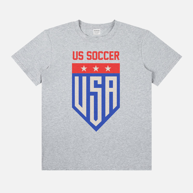  USMNT USWNT soccer team graphic t-shirt for world cup fans with cool modern retro USA soccer team badge logo on a unisex grey cotton tee