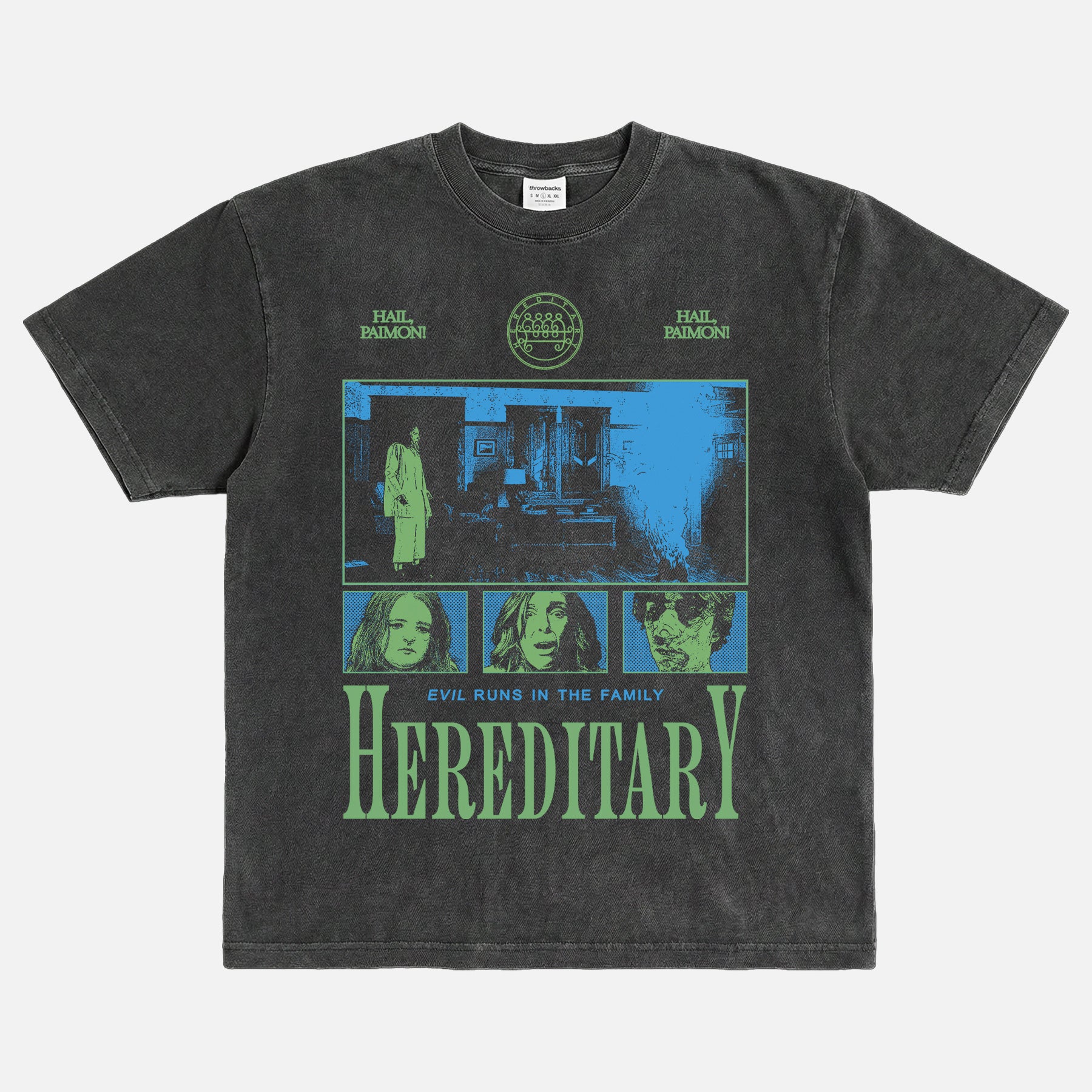 Grunge A24 HEreditary movie graphic tee shirt with blue and green streetwear illustration on an oversized distressed black t-shirt