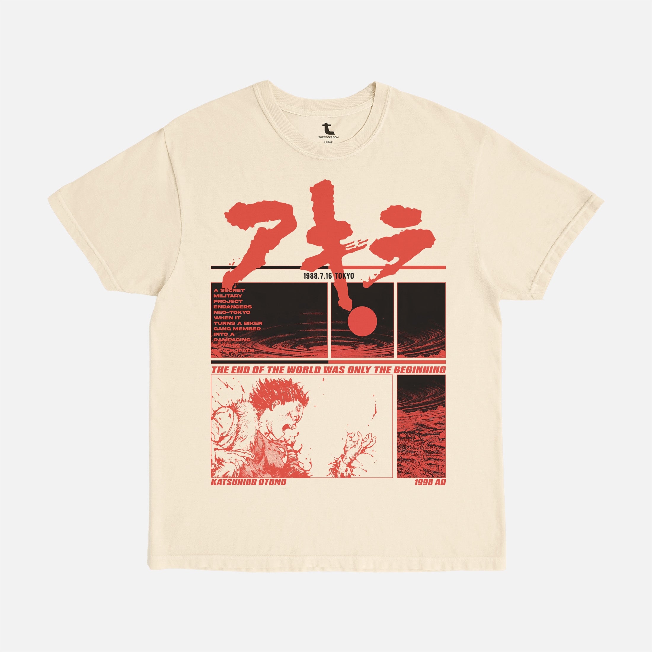 Akira Manga Anime washed beige off white graphic tee shirt with red streetwear graphic for men and women