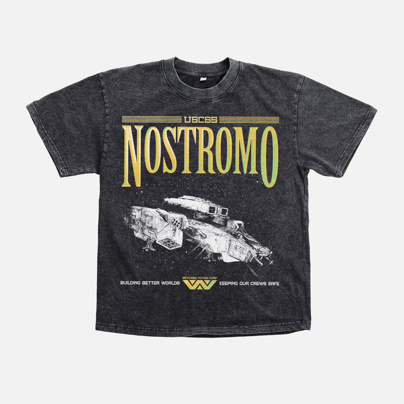 USCSS Nostromo logo and ship movie poster t-shirt for alien 1979 movie fans, weyland yutani corporation logo on oversized distressed black sci-fi horror movie tee