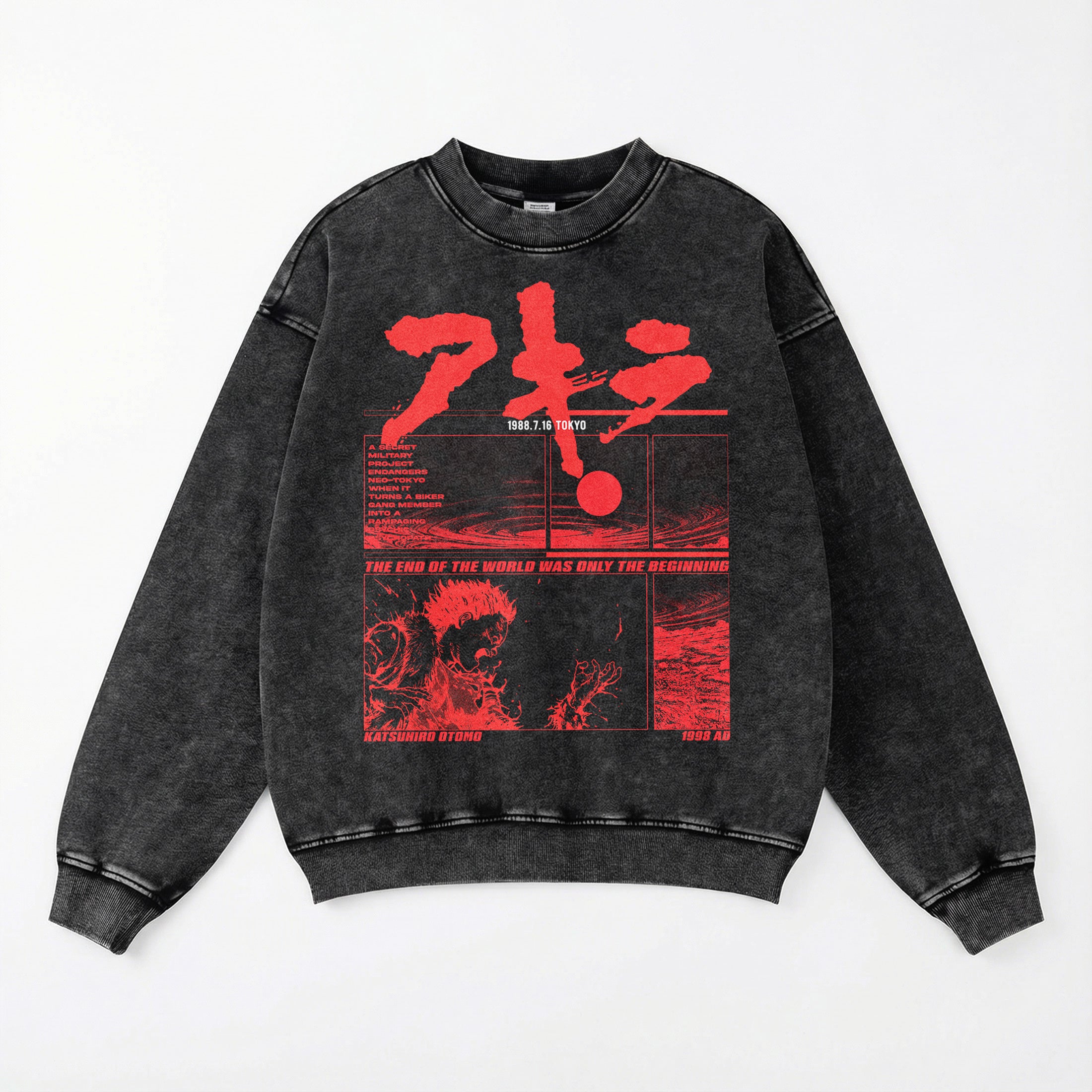 Heavyweight distressed black Akira anime oversized crewneck sweatshirt with full front print