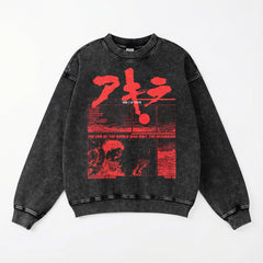 Heavyweight distressed black Akira anime oversized crewneck sweatshirt with full front print