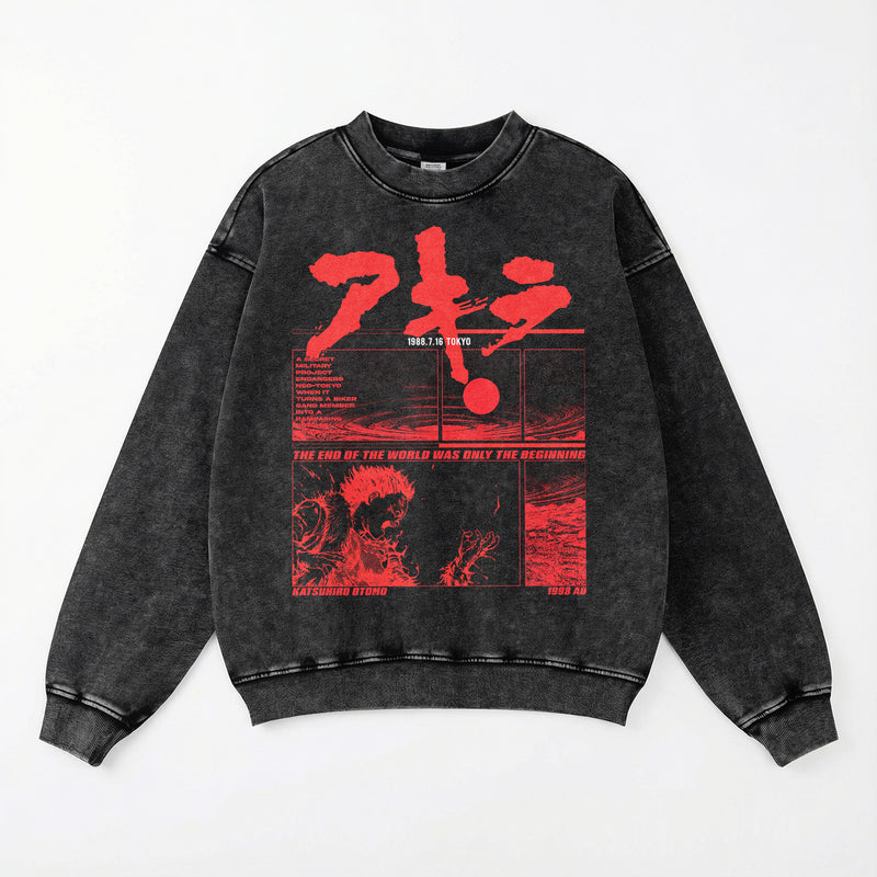 Heavyweight distressed black Akira anime oversized crewneck sweatshirt with full front print