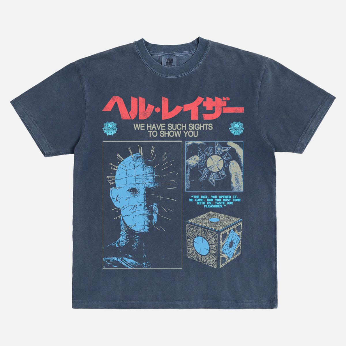 Distressed denim and red Hellraiser 80s horror movie graphic tee shirt, grunge pinhead bootleg streetwear t-shirt with Japanese movie poster text
