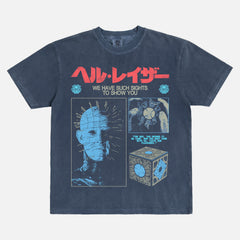 Distressed denim and red Hellraiser 80s horror movie graphic tee shirt, grunge pinhead bootleg streetwear t-shirt with Japanese movie poster text