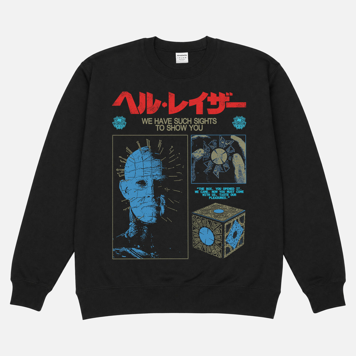 grunge streetwear style Hellraiser movie sweatshirt for horror fans with grunge Pinhead art and japanese movie poster text