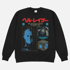 grunge streetwear style Hellraiser movie sweatshirt for horror fans with grunge Pinhead art and japanese movie poster text