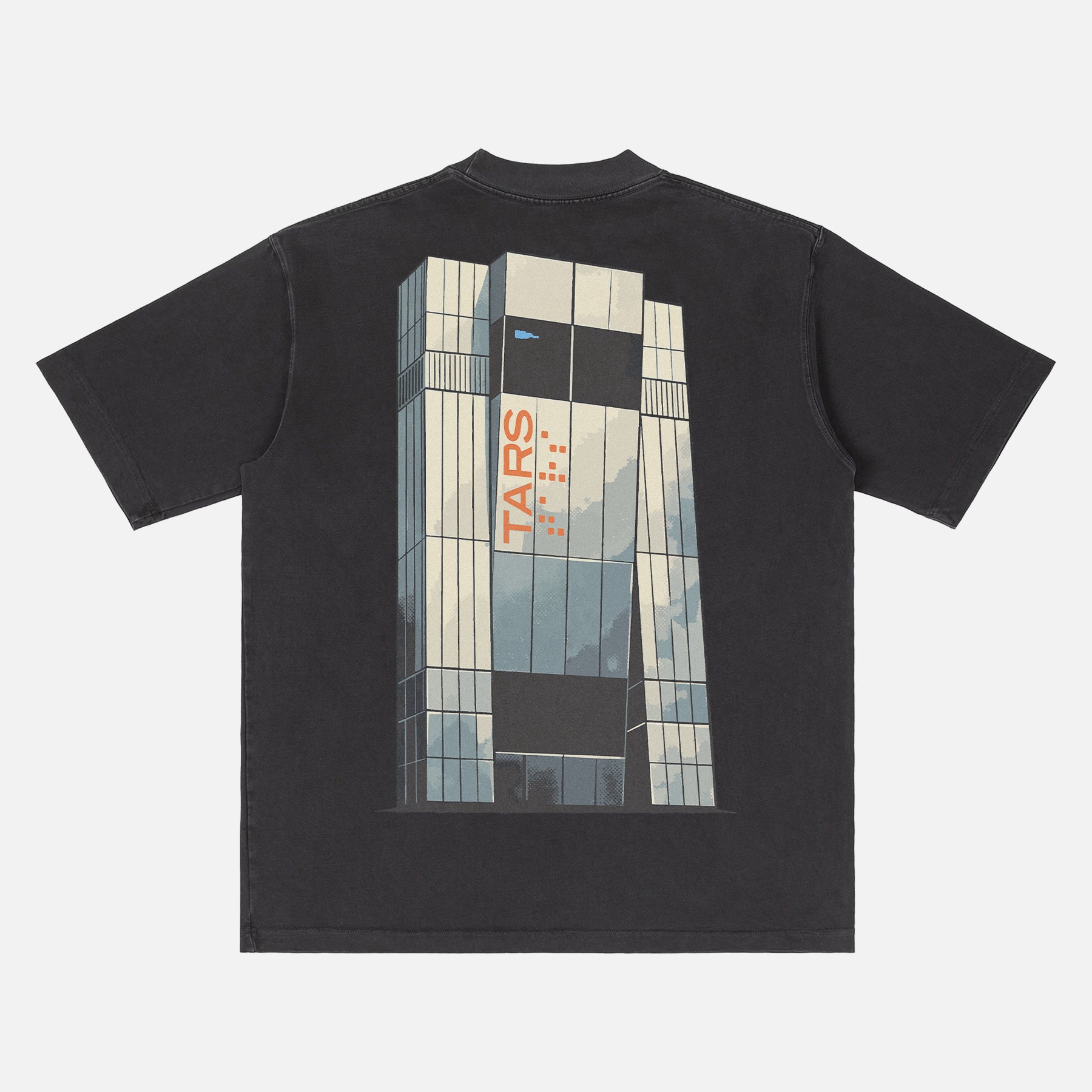 Christpher Nolan Interstellar Movie t-shirt, washed black streetwear style graphic tee with Tars illustration and logo