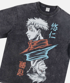 Jujutsu Kaisen Yuji Itadori heavyweight distressed anime black graphic tee, grunge JJK manga t-shirt