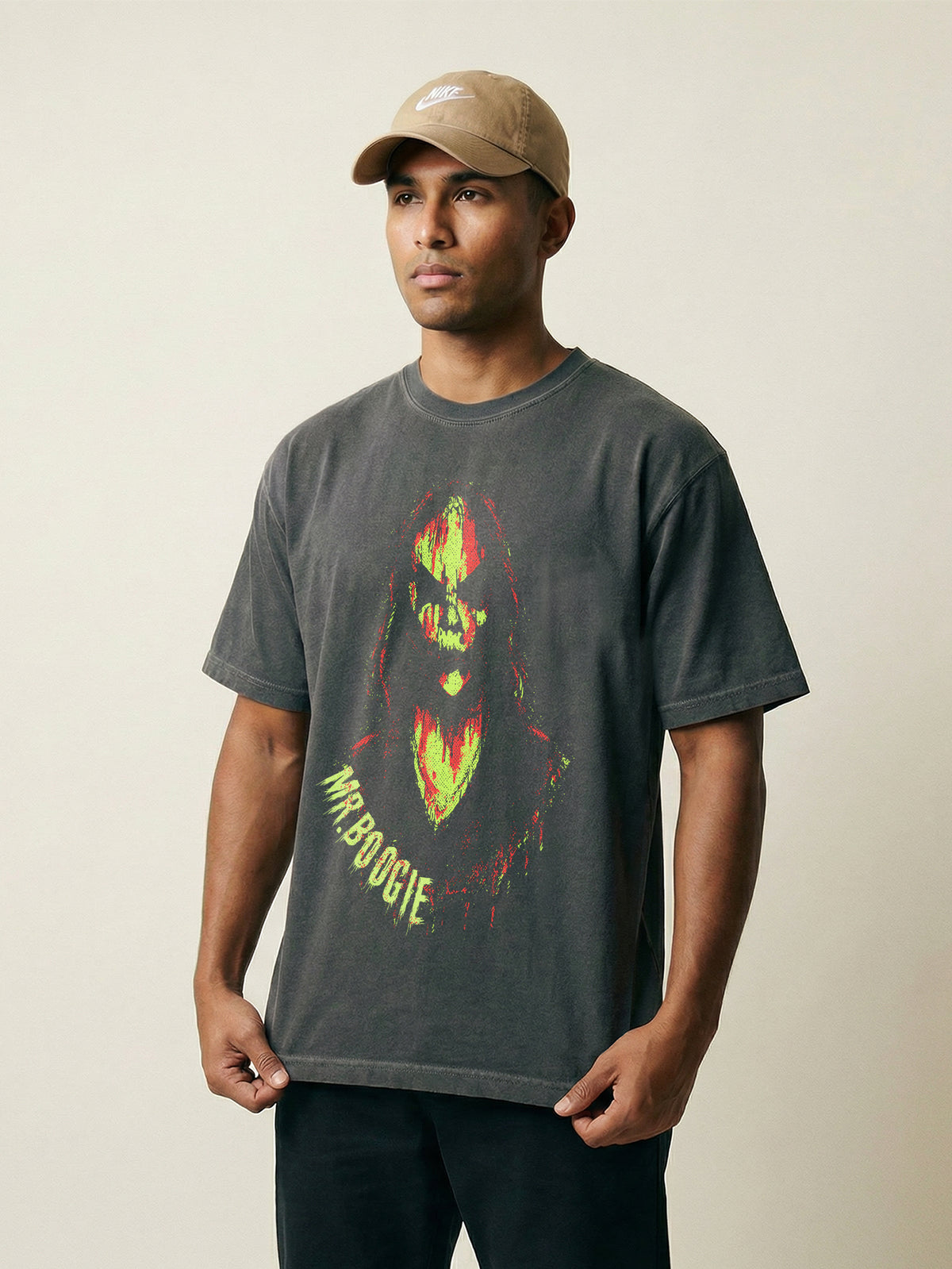 Sinister horror movie bootleg graphic t-shirt with Mr Boogie grunge art on a distressed black comfort colors tee
