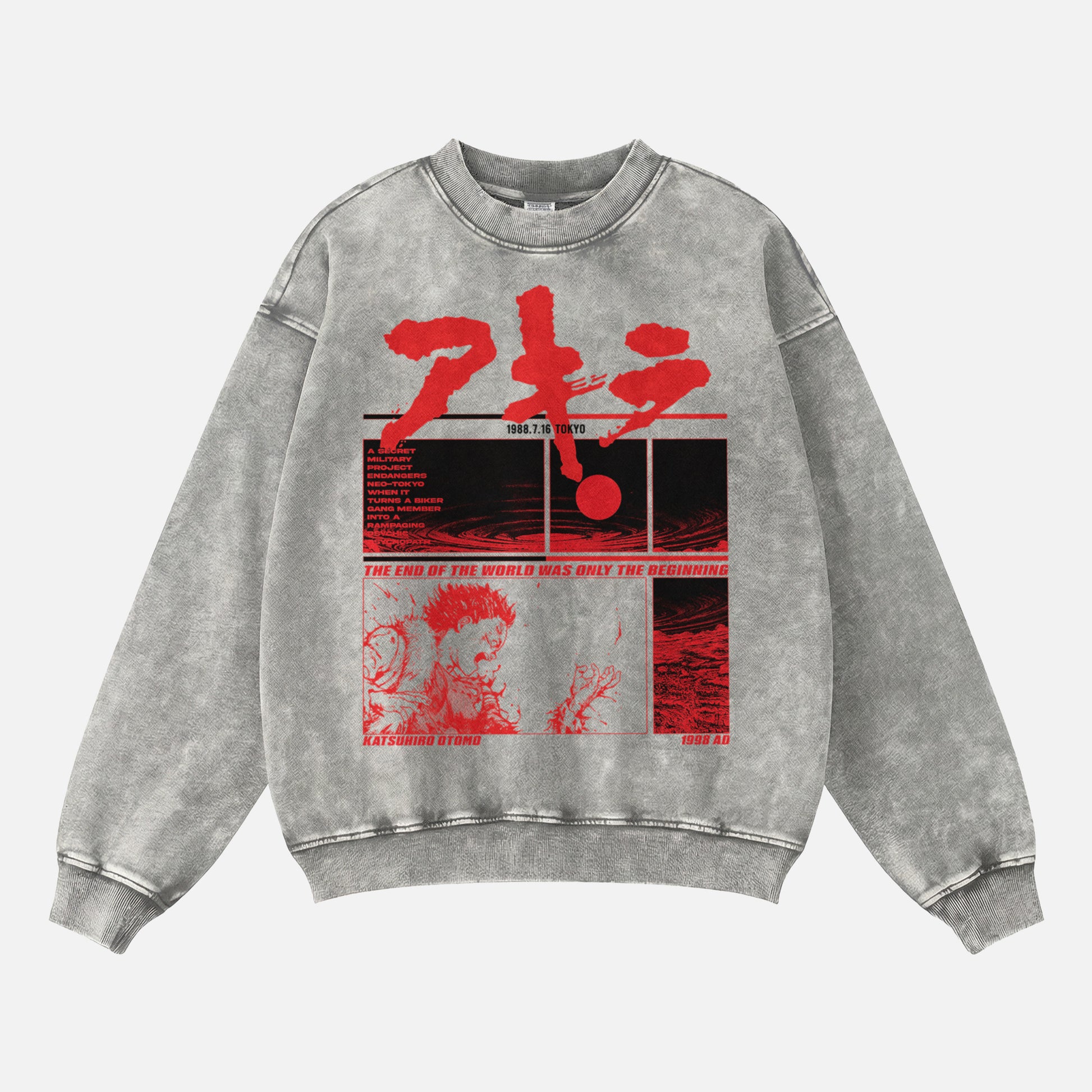 Heavyweight distressed grey and red Akira anime oversized crewneck sweatshirt with full front print