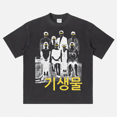 2019 Parasite korean movie poster graphic t-shirt with streetwear style illustration on  washed black tee