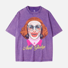 Weapons movie t-shirt apparel, grunge, aunt gladys portrait streetwear oversized distressed pruple graphic tee