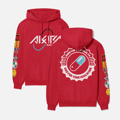 Red Akira streetwear style hoodie with front, back, and sleeve print on an oversized red hooded sweatshirt, Akira anime hoodie sweater with motorcycle stickers and pill