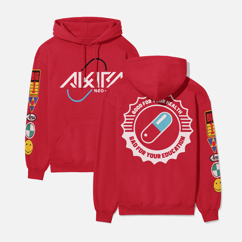 Red Akira streetwear style hoodie with front, back, and sleeve print on an oversized red hooded sweatshirt, Akira anime hoodie sweater with motorcycle stickers and pill