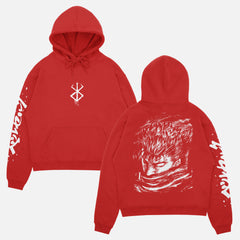 retro Berserk anime streetwear hoodie, red Berkserk sweatshirt with front back and sleeve print 