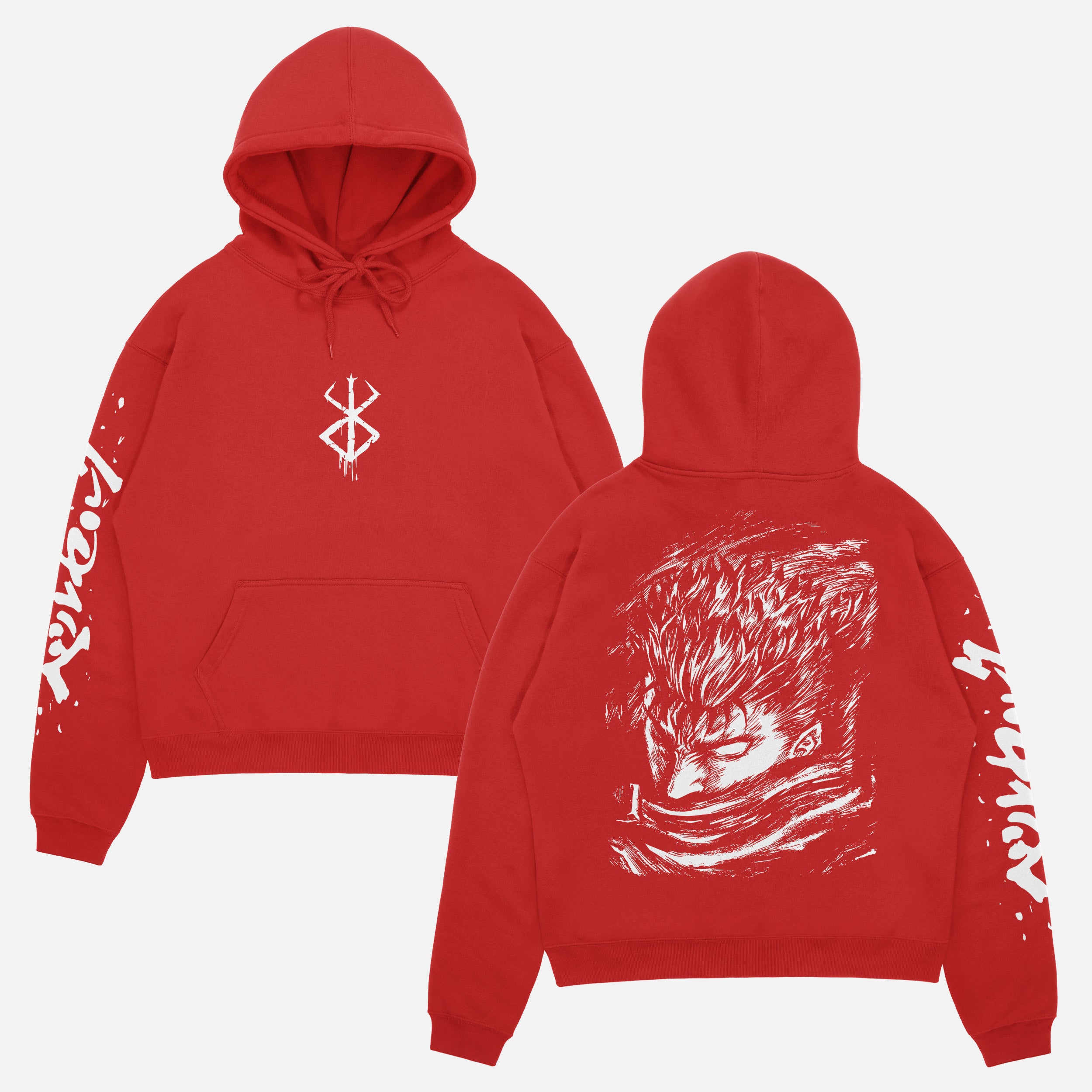 retro Berserk anime streetwear hoodie, red Berkserk sweatshirt with front back and sleeve print 