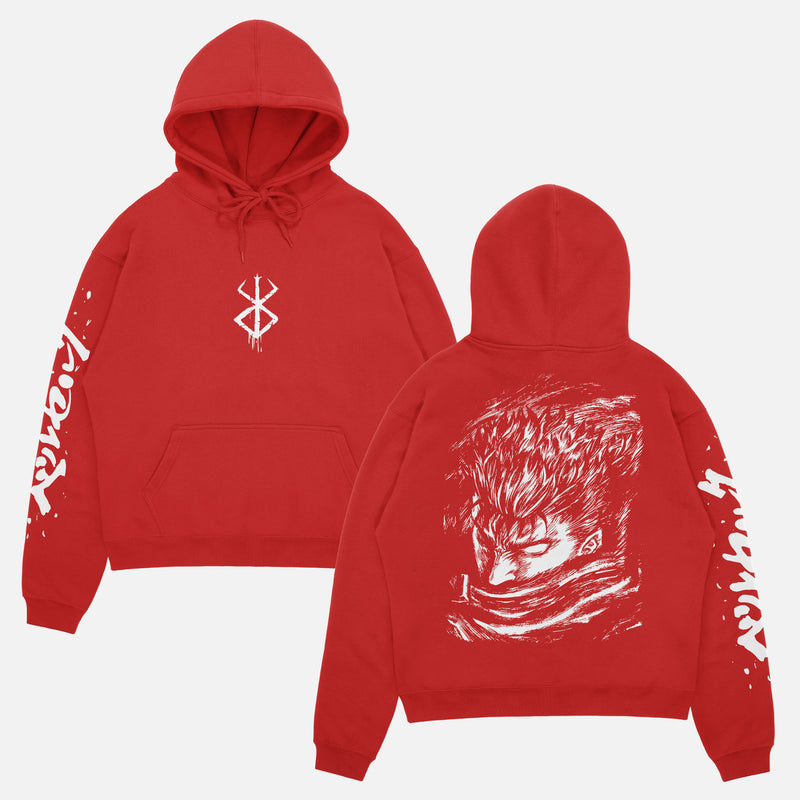retro Berserk anime streetwear hoodie, red Berkserk sweatshirt with front back and sleeve print 