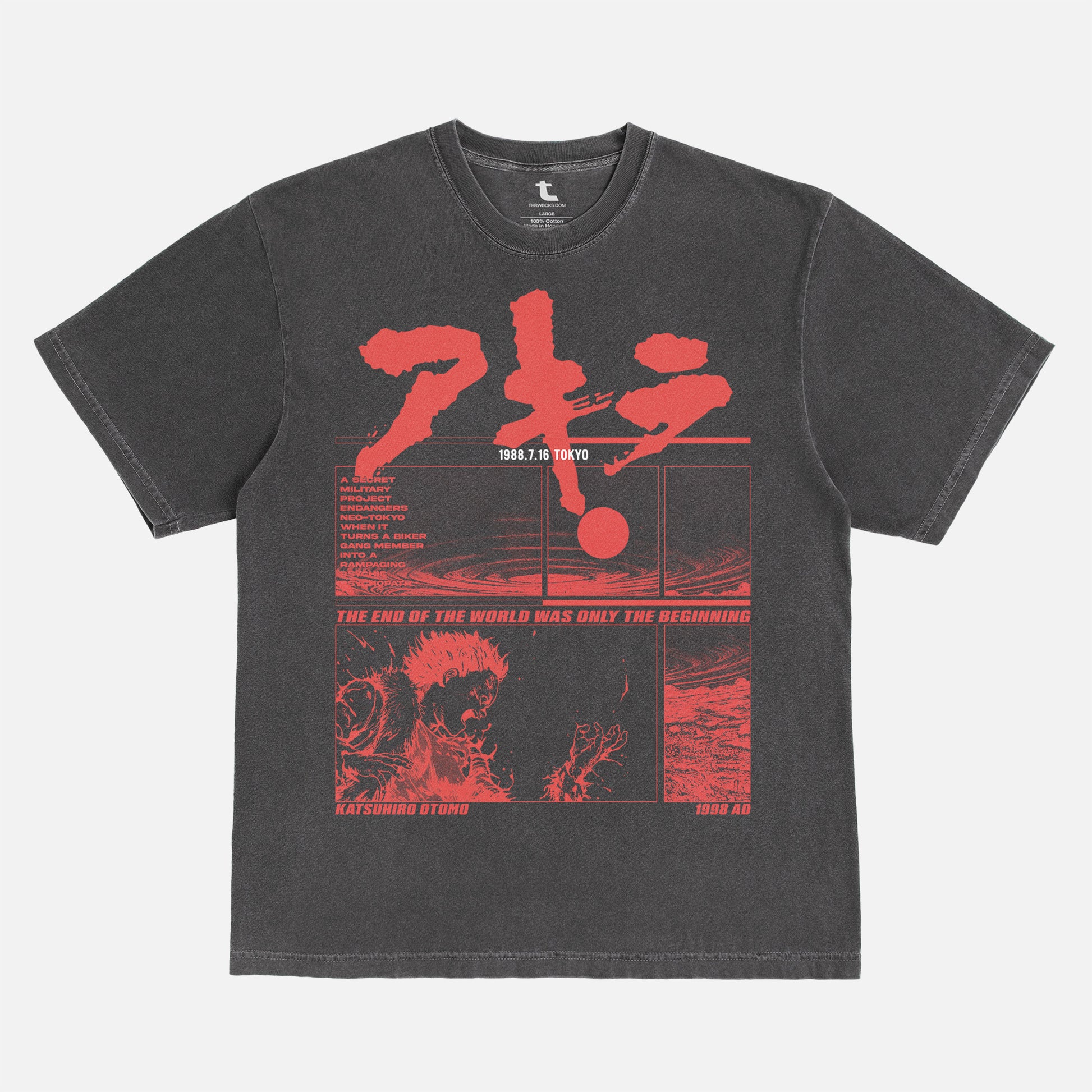 Akira Manga Anime washed black graphic tee shirt with red streetwear graphic for men and women
