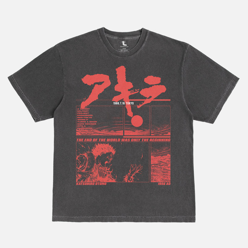 Akira Manga Anime washed black graphic tee shirt with red streetwear graphic for men and women