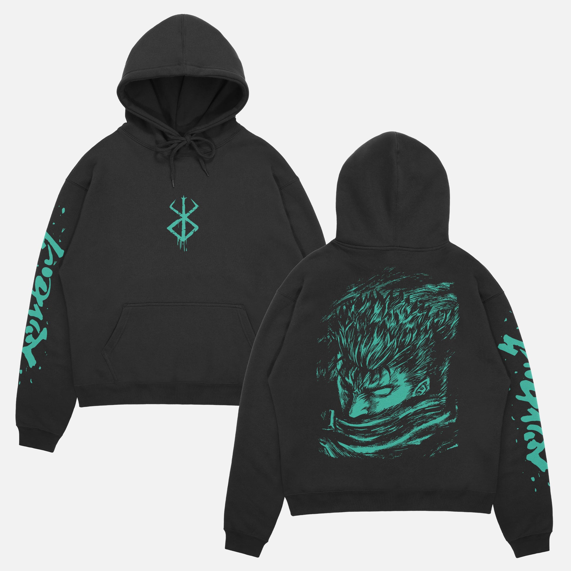 retro Berserk anime streetwear hoodie, black and green Berkserk sweatshirt with front back and sleeve print 