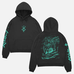 retro Berserk anime streetwear hoodie, black and green Berkserk sweatshirt with front back and sleeve print 