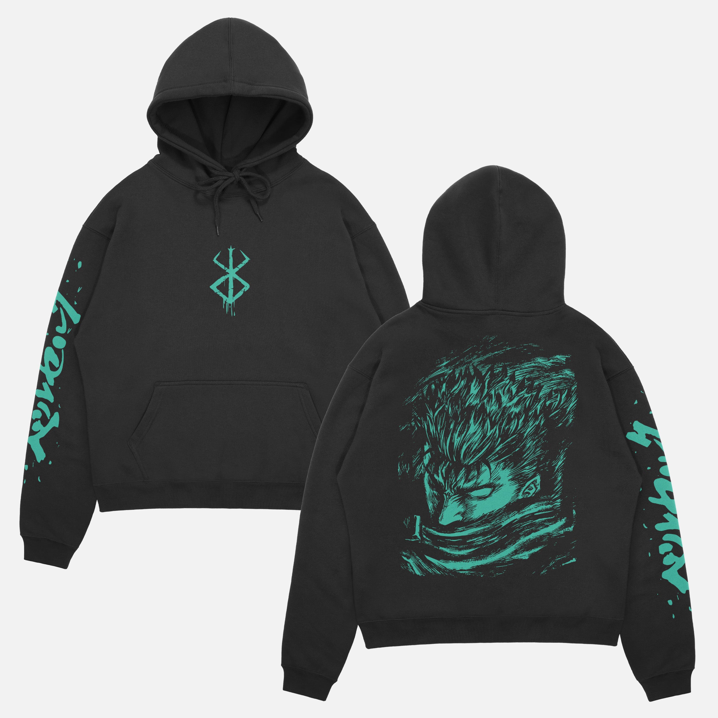 retro Berserk anime streetwear hoodie, black and green Berkserk sweatshirt with front back and sleeve print 