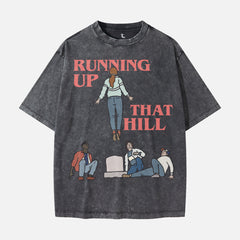 oversized distressed black stranger things t-shirt with max mayfield running up that hill vecna graphic for men and women for sale at throwbacks