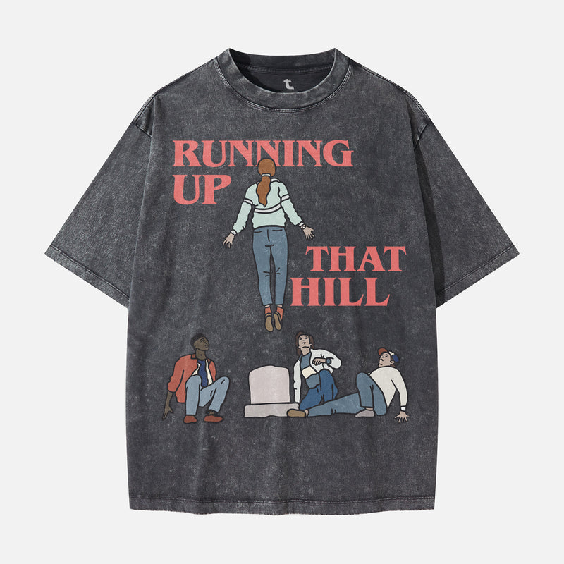 oversized distressed black stranger things t-shirt with max mayfield running up that hill vecna graphic for men and women for sale at throwbacks