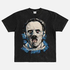The Silence of the Lambs movie t-shirt with bootleg streetwear graphic of hannibal lecter in his mask on faded distressed black graphic tee