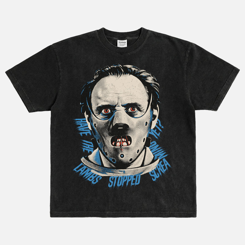 The Silence of the Lambs movie t-shirt with bootleg streetwear graphic of hannibal lecter in his mask on faded distressed black graphic tee