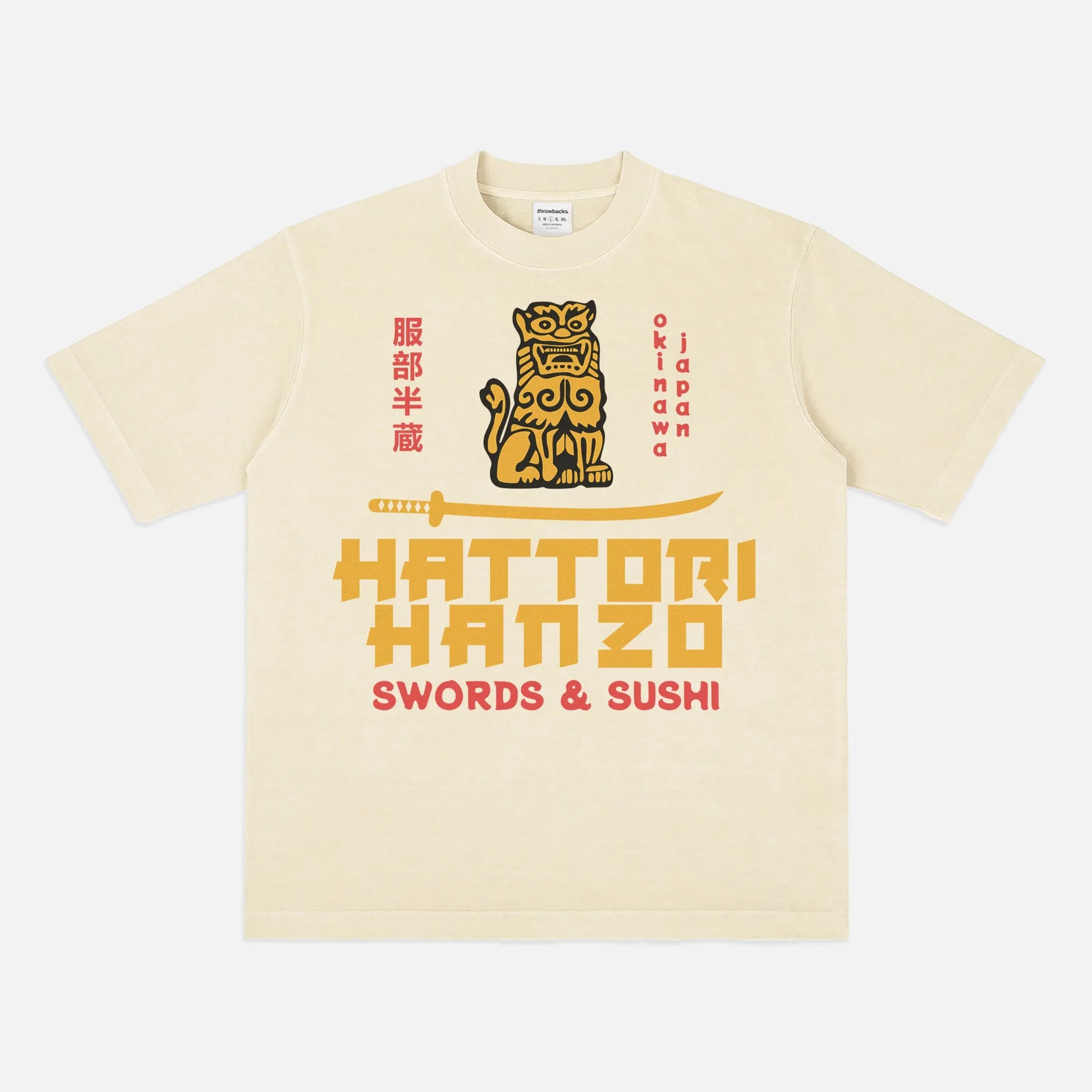 Off-white Kill Bill Hattori Hanzo samurai swords and sushi logo t-shirt, Quentin Tarantino Movie streetwear graphic tee for sale at Throwbacks