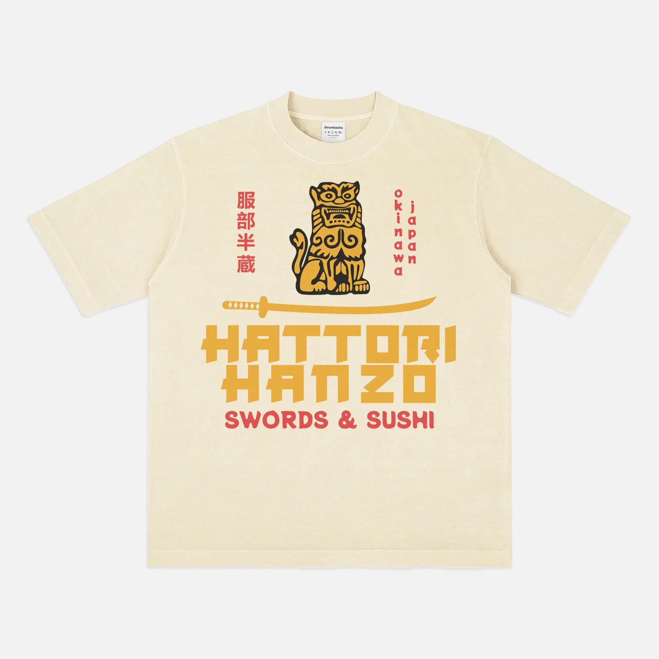 Off-white Kill Bill Hattori Hanzo samurai swords and sushi logo t-shirt, Quentin Tarantino Movie streetwear graphic tee for sale at Throwbacks