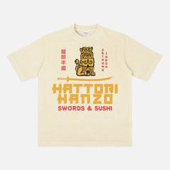 Off-white Kill Bill Hattori Hanzo samurai swords and sushi logo t-shirt, Quentin Tarantino Movie streetwear graphic tee for sale at Throwbacks